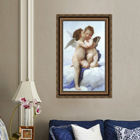 INVIN ART Framed Canvas Art Giclee Print Amor and Psyche, Children by William Adolphe Bouguereau Wall Art Living Room Home Office Decorations