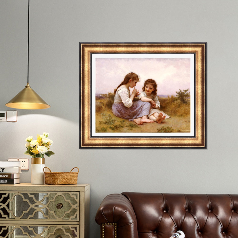 INVIN ART Framed Canvas Art Giclee Print 2 Little girls#144 by the Furies by William Adolphe Bouguereau Wall Art Living Room Home Office Decorations