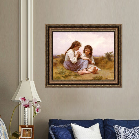 INVIN ART Framed Canvas Art Giclee Print 2 Little girls#144 by the Furies by William Adolphe Bouguereau Wall Art Living Room Home Office Decorations