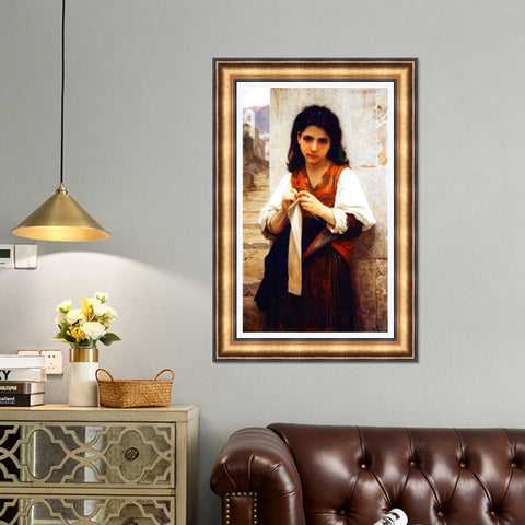 INVIN ART Framed Canvas Art Giclee Print The Knitting Girl by William Adolphe Bouguereau Wall Art Living Room Home Office Decorations