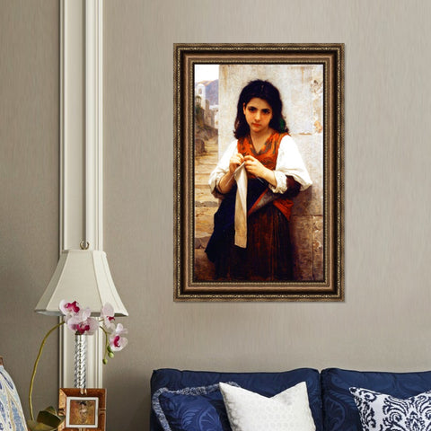 INVIN ART Framed Canvas Art Giclee Print The Knitting Girl by William Adolphe Bouguereau Wall Art Living Room Home Office Decorations