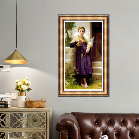 INVIN ART Framed Canvas Art Giclee Print The Spinner by William Adolphe Bouguereau Wall Art Living Room Home Office Decorations