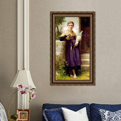 INVIN ART Framed Canvas Art Giclee Print The Spinner by William Adolphe Bouguereau Wall Art Living Room Home Office Decorations