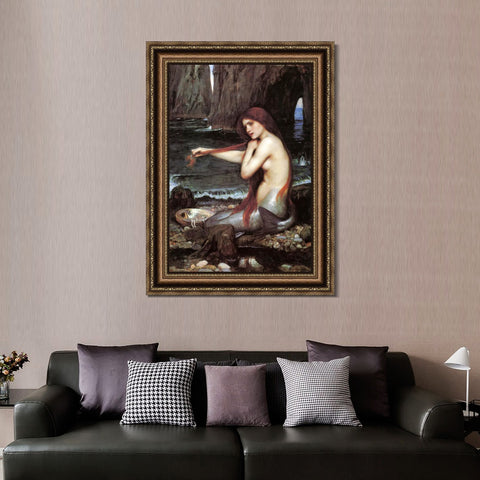 INVIN ART Framed Canvas Art Giclee Print A Mermaid 1900 by John William Waterhouse Wall Art Living Room Home Office Decorations