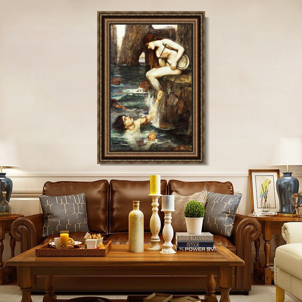 INVIN ART Framed Canvas Art Giclee Print The Siren by John William Waterhouse Wall Art