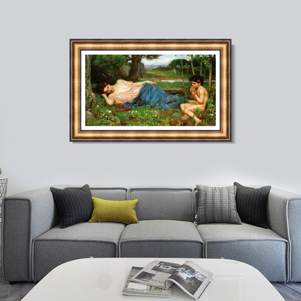 INVIN ART Framed Canvas Art Giclee Print Listening to His Sweet Pipings by John William Waterhouse Wall Art