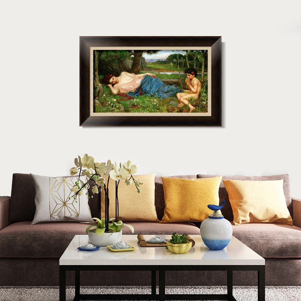 INVIN ART Framed Canvas Art Giclee Print Listening to His Sweet Pipings by John William Waterhouse Wall Art