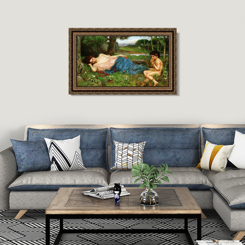 INVIN ART Framed Canvas Art Giclee Print Listening to His Sweet Pipings by John William Waterhouse Wall Art