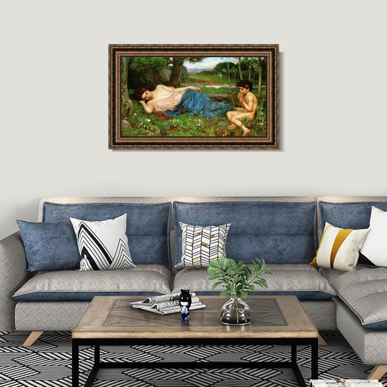 INVIN ART Framed Canvas Art Giclee Print Listening to His Sweet Pipings by John William Waterhouse Wall Art