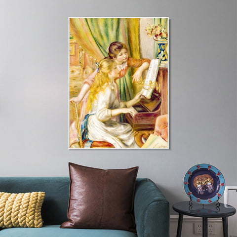 INVIN ART Framed Canvas Young Girls at the Piano by Pierre Auguste Renoir Wall Art Living Room Home Office Decorations