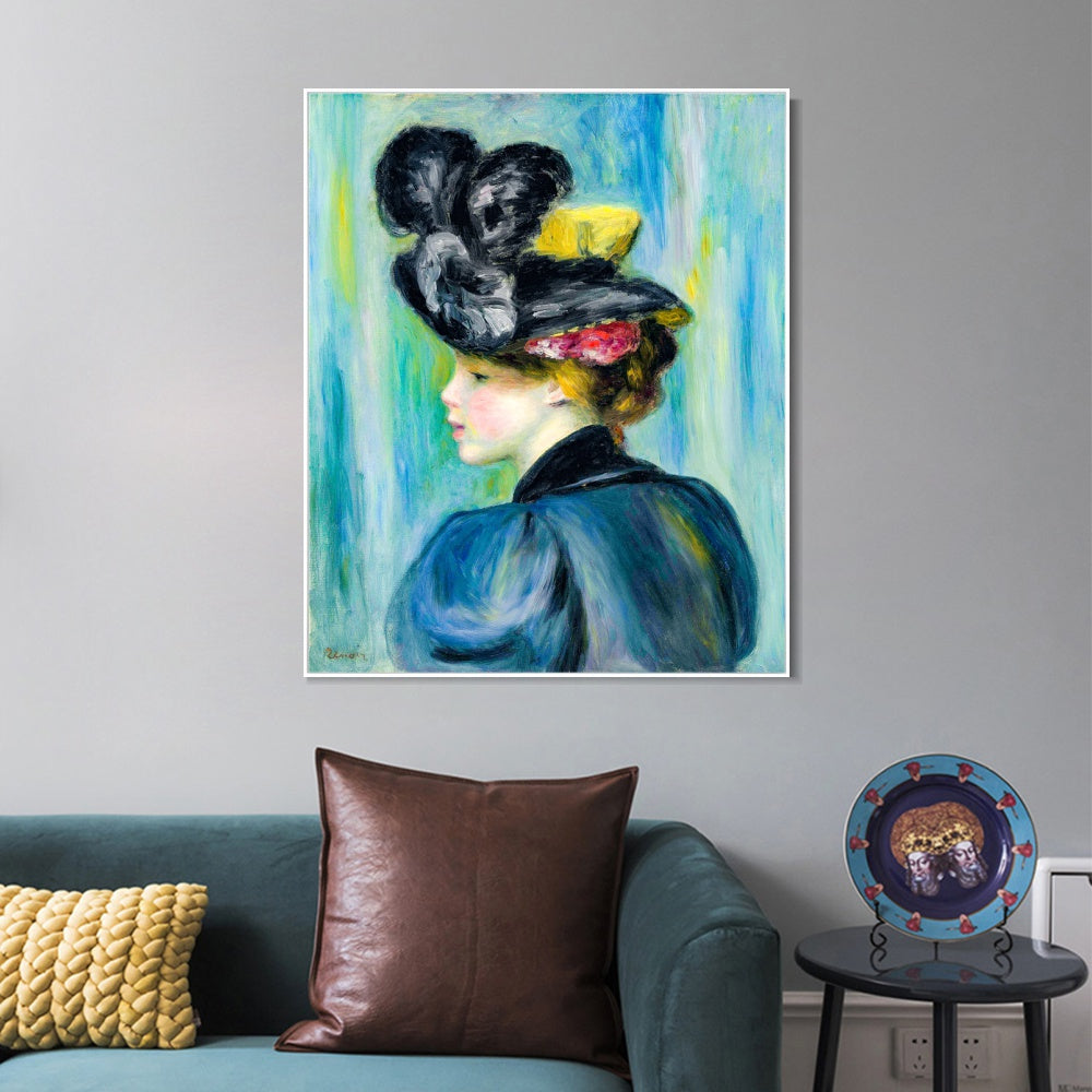 INVIN ART Framed Canvas JEUNE FEMME AU CHAPEAU NOIR by Pierre Auguste Renoir Wall Art Living Room Home Office Decorations