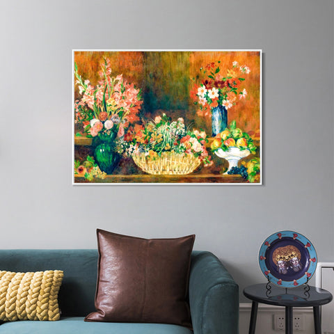 INVIN ART Framed Canvas Still Life with Flowers and Fruit by Pierre Auguste Renoir Wall Art Living Room Home Office Decorations