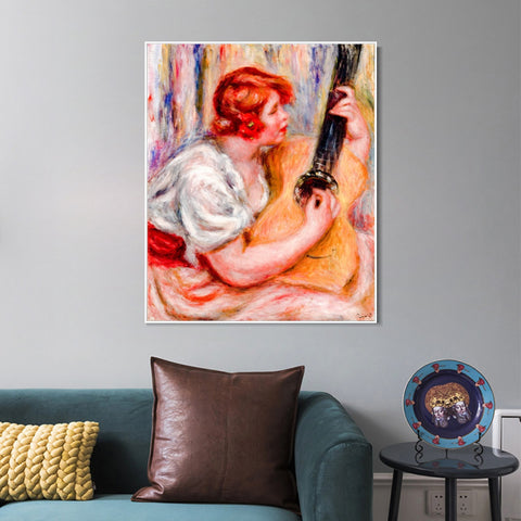 INVIN ART Framed Canvas Woman with a Guitar by Pierre Auguste Renoir Wall Art Living Room Home Office Decorations