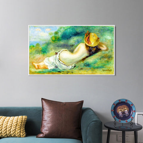 INVIN ART Framed Canvas BAIGNEUSE ALLONGEE DE DOS AVEC UN CHAPEAU DE PAILLE OR FEMME COUCHEE SUR L'HERBE by Pierre Auguste Renoir Wall Art Living Room Home Office Decorations