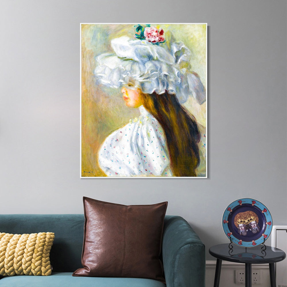 INVIN ART Framed Canvas FEMME AU CHAPEAU BLANC by Pierre Auguste Renoir Wall Art Living Room Home Office Decorations
