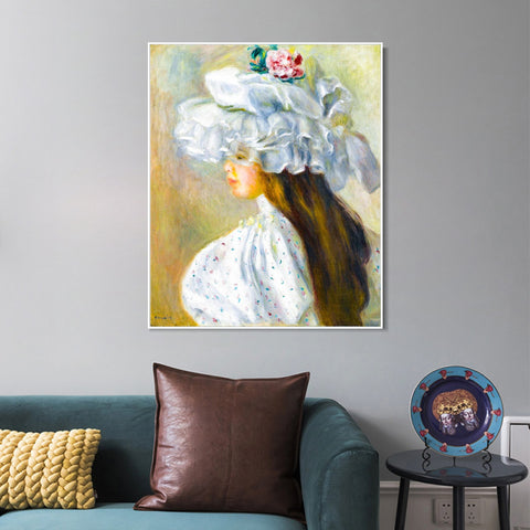INVIN ART Framed Canvas FEMME AU CHAPEAU BLANC by Pierre Auguste Renoir Wall Art Living Room Home Office Decorations