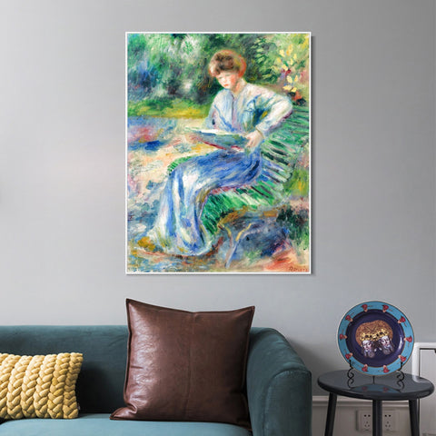INVIN ART Framed Canvas FEMME LISANT SUR UN BANC by Pierre Auguste Renoir Wall Art Living Room Home Office Decorations