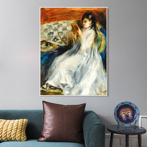 INVIN ART Framed Canvas JEUNE FEMME EN BLANC LISANT by Pierre Auguste Renoir Wall Art Living Room Home Office Decorations