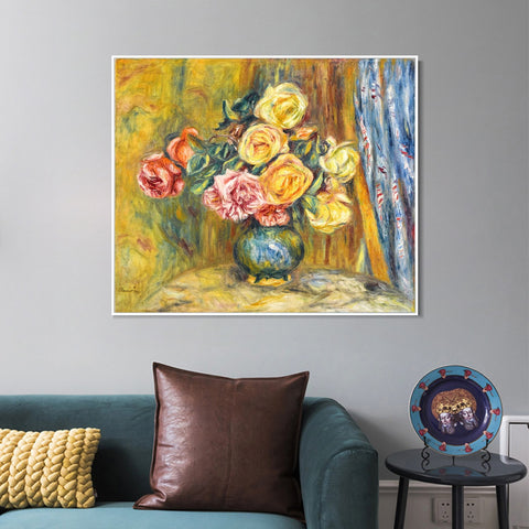 INVIN ART Framed Canvas LES ROSES AU RIDEAU BLEU by Pierre Auguste Renoir Wall Art Living Room Home Office Decorations