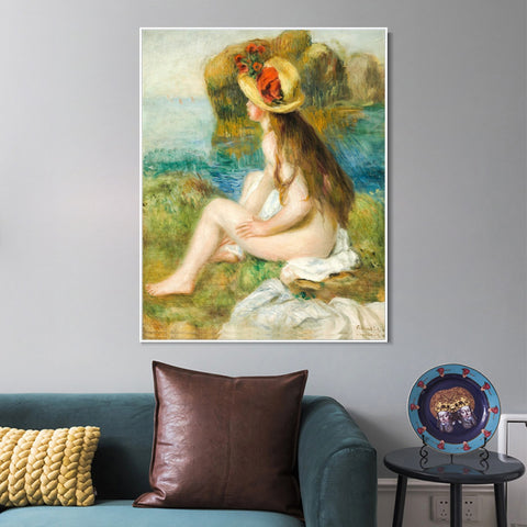 INVIN ART Framed Canvas NU AU CHAPEAU DE PAILLE ASSIS EN BORDURE DE MER by Pierre Auguste Renoir Wall Art Living Room Home Office Decorations