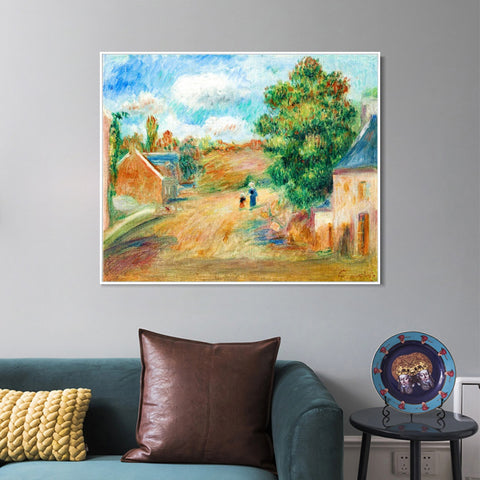 INVIN ART Framed Canvas PAYSAGE, ENTRÉE DE VILLAGE AVEC FEMME ET ENFANT by Pierre Auguste Renoir Wall Art Living Room Home Office Decorations