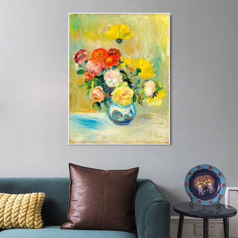 INVIN ART Framed Canvas VASE DE ROSES ET DAHLIAS by Pierre Auguste Renoir Wall Art Living Room Home Office Decorations
