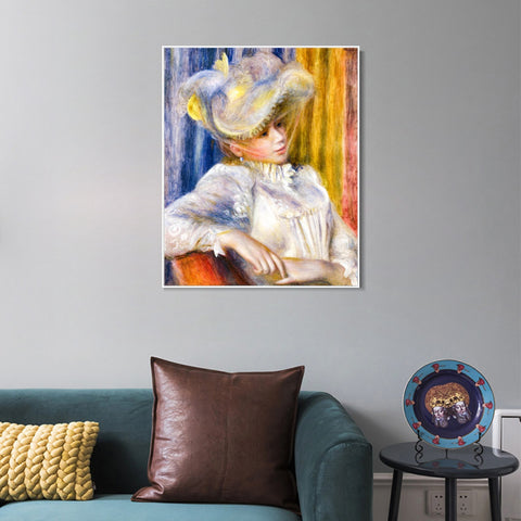 INVIN ART Framed Canvas Woman with a Hat by Pierre Auguste Renoir Wall Art Living Room Home Office Decorations