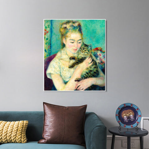 INVIN ART Framed Canvas Woman with a Cat by Pierre Auguste Renoir Wall Art Living Room Home Office Decorations