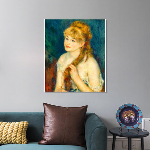 INVIN ART Framed Canvas Young Woman Braiding Her Hair by Pierre Auguste Renoir Wall Art Living Room Home Office Decorations