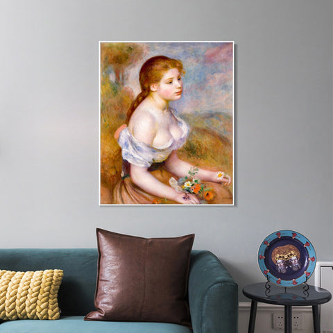 INVIN ART Framed Canvas A Young Girl with Daisies by Pierre Auguste Renoir Wall Art Living Room Home Office Decorations