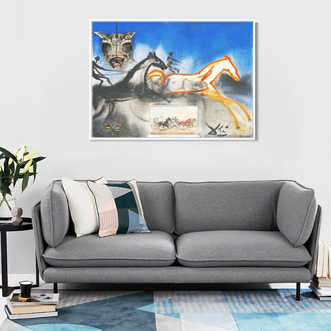 INVIN ART Framed Canvas American Trotting Horses No. 2 (Currier And Ives) 1971 by Salvador Dal Wall Art Living Room Home Office Decorations