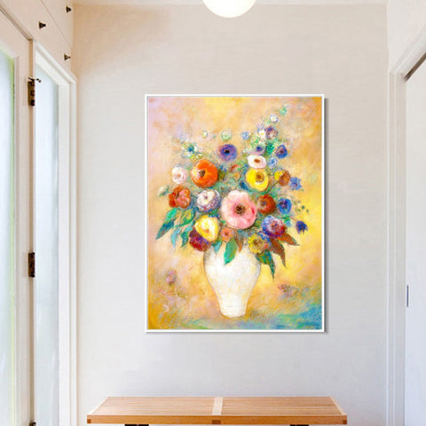 INVIN ART Framed Canvas Vase of Flowers by Odilon Redon Wall Art Living Room Home Office Decorations