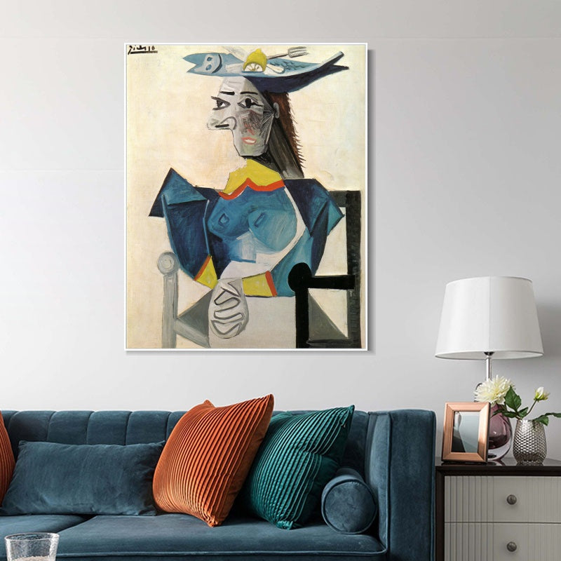INVIN ART Framed Canvas Giclee Print Art Woman sitting in hat-fish by Pablo Picasso Wall Art