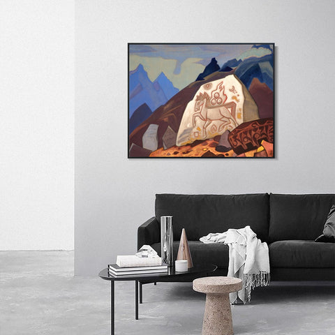 INVIN ART Framed Canvas Giclee Print White Stone Sign of Cintamani or Horse of Happiness, 1933 by Nicholas Roerich Wall Art Living Room Home Office Decorations