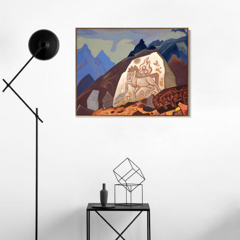 INVIN ART Framed Canvas Giclee Print White Stone Sign of Cintamani or Horse of Happiness, 1933 by Nicholas Roerich Wall Art Living Room Home Office Decorations
