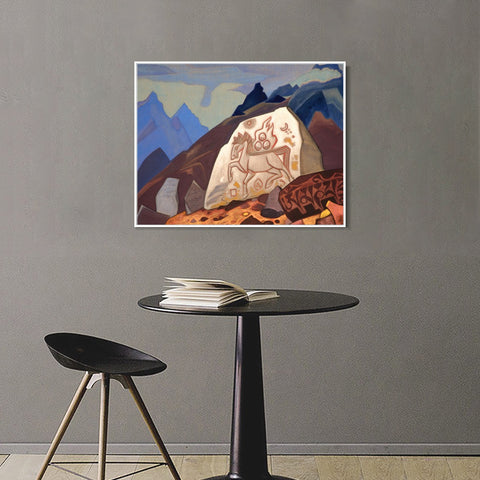 INVIN ART Framed Canvas Giclee Print White Stone Sign of Cintamani or Horse of Happiness, 1933 by Nicholas Roerich Wall Art Living Room Home Office Decorations