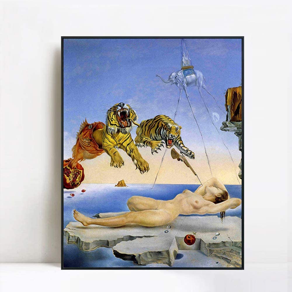 INVIN ART Framed Canvas Giclee Print --Dream Caused by the Flight of a Bee a Second Before Awakening by Salvador Dali Wall Art(24"x32",Black Slim Frame)