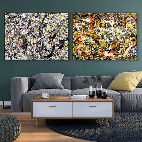 INVIN ART Framed Canvas Giclee Print Extra Large Art Combo Painting 2 Pieces by Jackson Pollock Wall Art Series#11 Living Room Home Office Decorations(Black Slim Frame,28"x40"Each Piece)