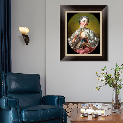 INVIN ART Framed Canvas Art Giclee Print A young lady holding a pug dog by Francois Boucher Wall Art Living Room Home Office Decorations