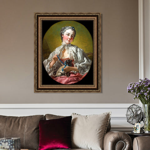 INVIN ART Framed Canvas Art Giclee Print A young lady holding a pug dog by Francois Boucher Wall Art Living Room Home Office Decorations