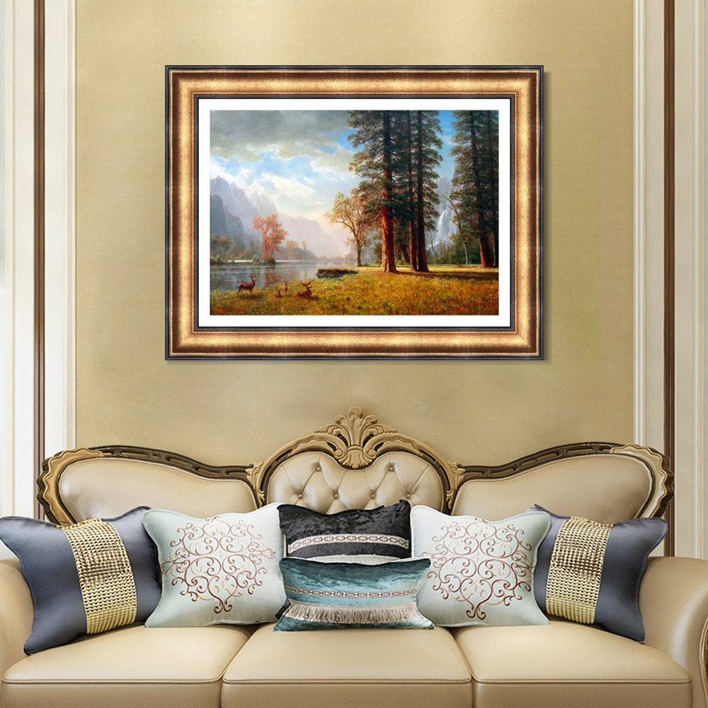 INVIN ART Framed Canvas Art Giclee Print Deer by the lake by Albert Bierstadt Wall Art