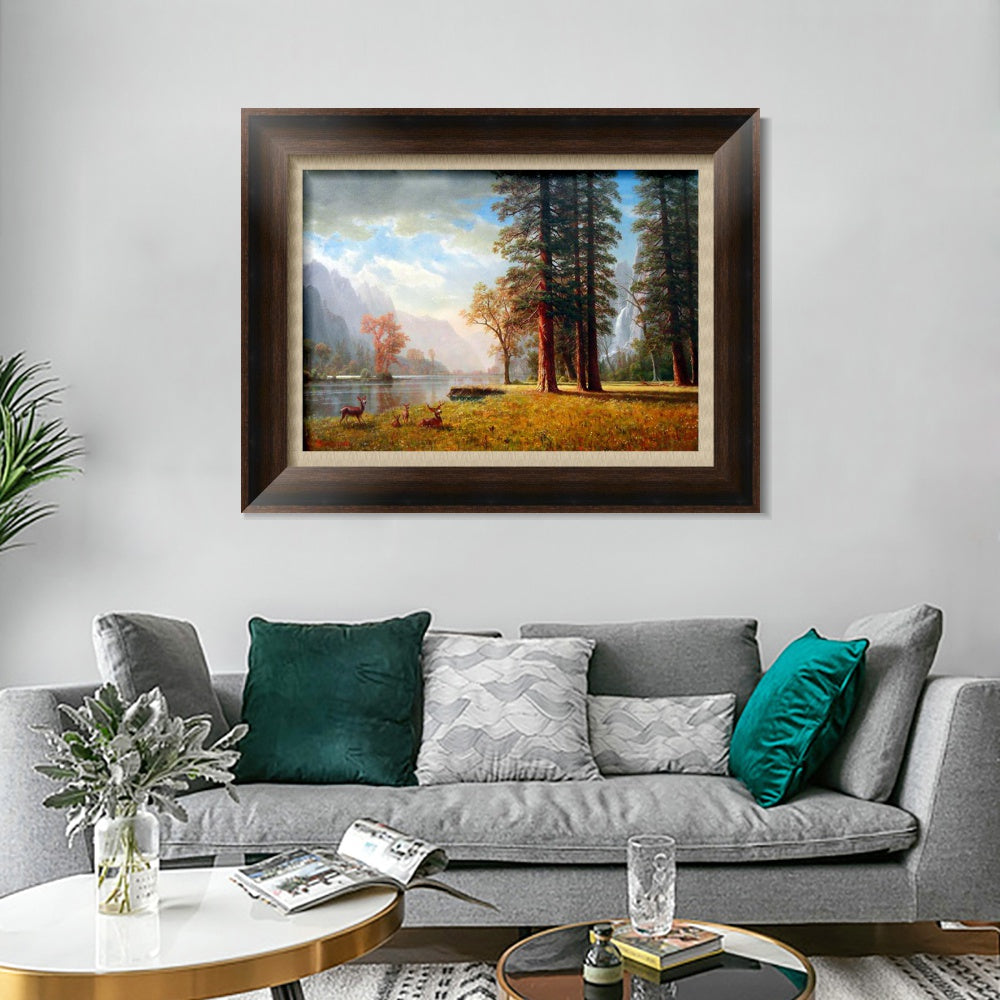 INVIN ART Framed Canvas Art Giclee Print Deer by the lake by Albert Bierstadt Wall Art
