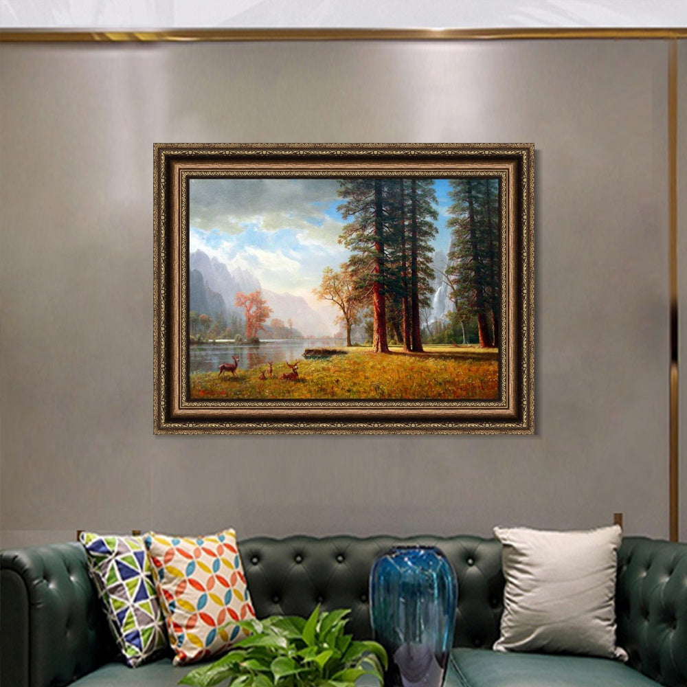 INVIN ART Framed Canvas Art Giclee Print Deer by the lake by Albert Bierstadt Wall Art