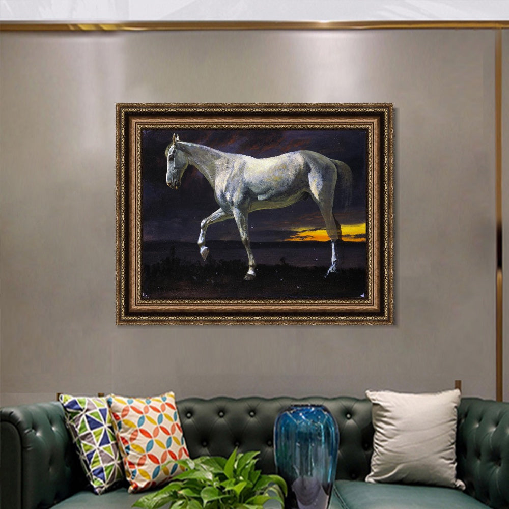 INVIN ART Framed Canvas Art Giclee Print White Horse and Sunset by Albert Bierstadt Wall Art