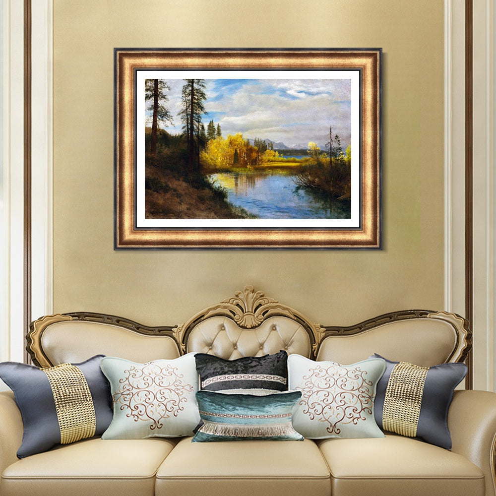INVIN ART Framed Canvas Art Giclee Print River Quietly Flowing Among Trees and Shrubs by Albert Bierstadt Wall Art (European Retro Golden Frame with Linen Liner,20"x24")