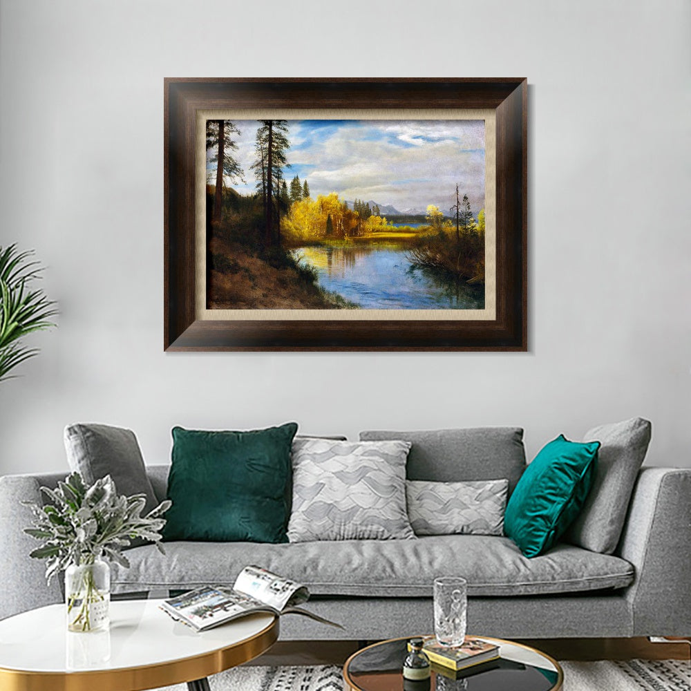 INVIN ART Framed Canvas Art Giclee Print River Quietly Flowing Among Trees and Shrubs by Albert Bierstadt Wall Art (European Retro Golden Frame with Linen Liner,20"x24")