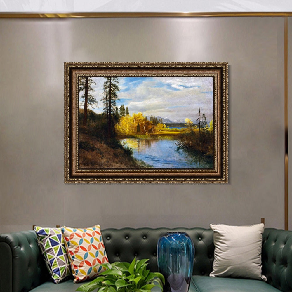 INVIN ART Framed Canvas Art Giclee Print River Quietly Flowing Among Trees and Shrubs by Albert Bierstadt Wall Art (European Retro Golden Frame with Linen Liner,20"x24")
