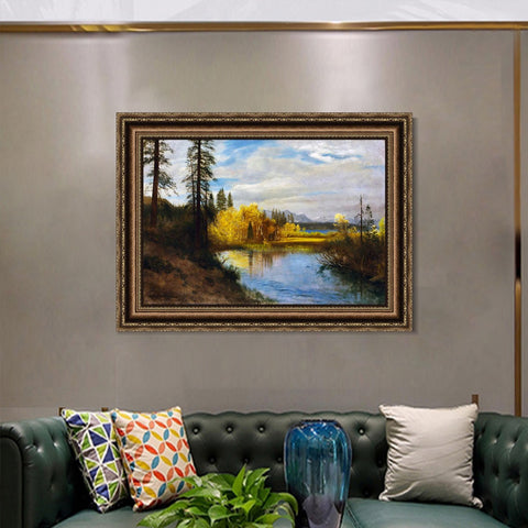 INVIN ART Framed Canvas Art Giclee Print River Quietly Flowing Among Trees and Shrubs by Albert Bierstadt Wall Art Living Room Home Office Decorations(European Retro Golden Frame with Linen Liner,20"x24")