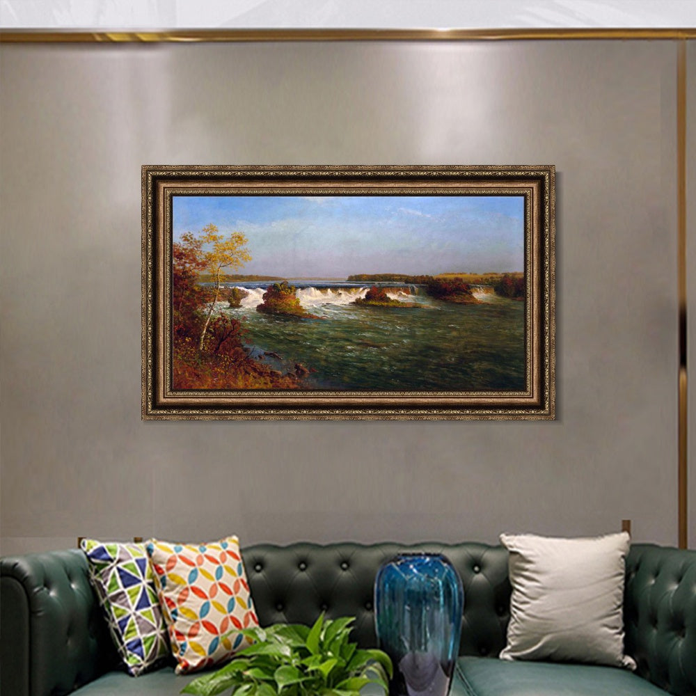 INVIN ART Framed Canvas Art Giclee Print The Running River by Albert Bierstadt Wall Art (European Retro Golden Frame with Linen Liner,20"x28")
