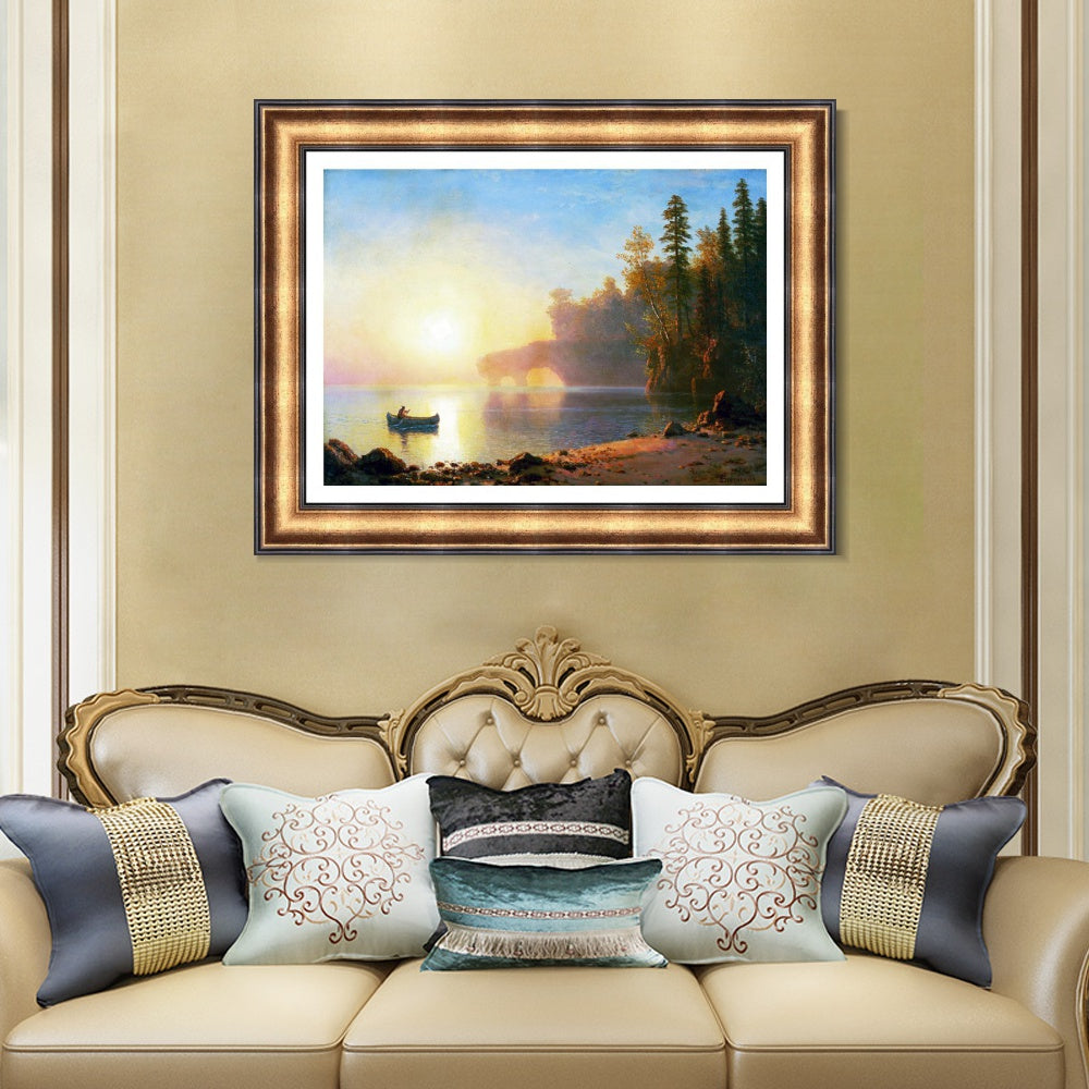 INVIN ART Framed Canvas Art Giclee Print A Boat Landing in The Sunset by Albert Bierstadt Wall Art